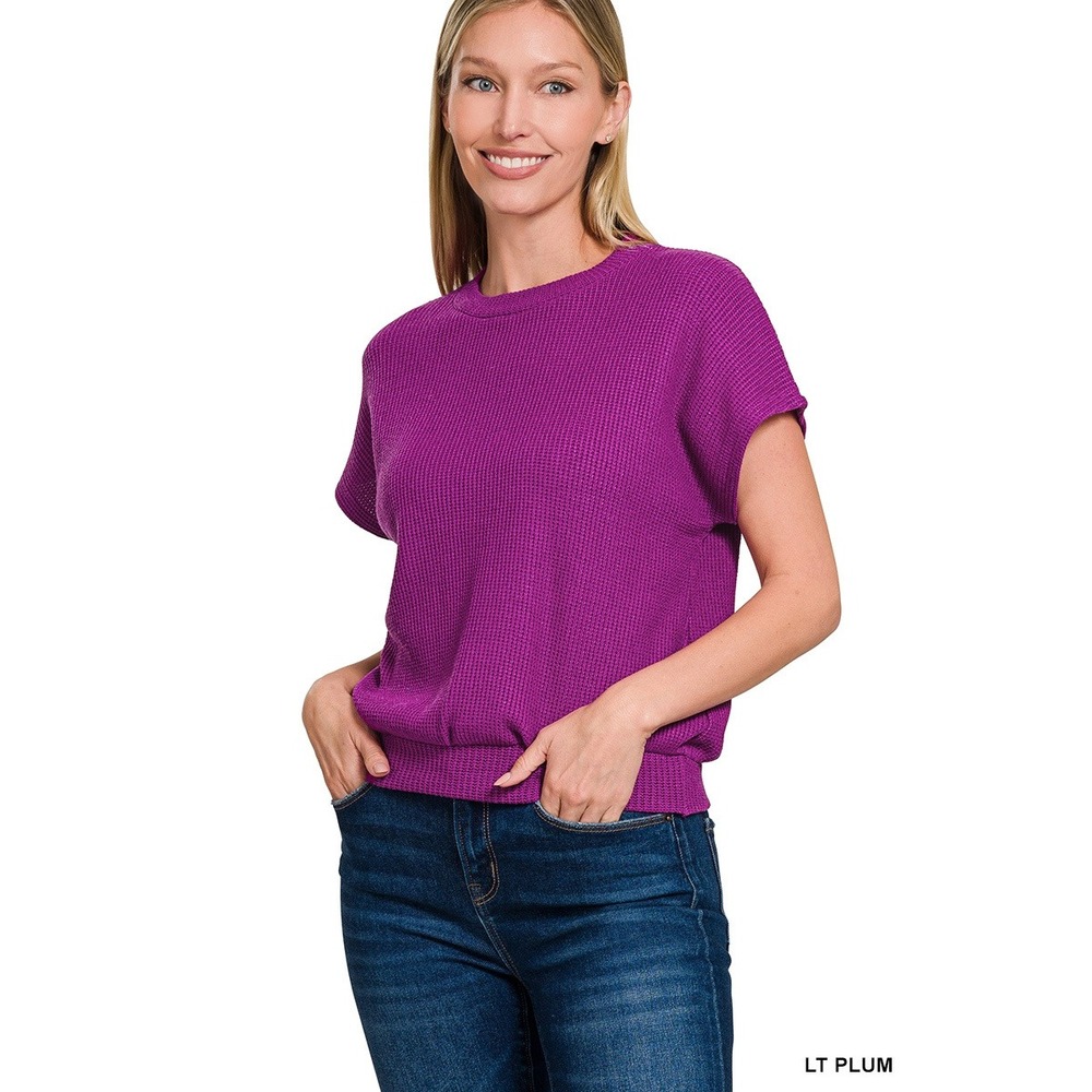 298-M Zenana Waffle Knit Sweater Top Women Lt Plum Short Sleeve Relaxed